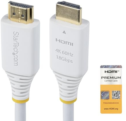StarTech Cable HDMI Certificado Alta Velocidad 3m, 4K 60Hz, 18Gbps, Blanco | Conectores chapados en oro, Cubierta de TPE, Audio de 32 canales, Ideal para GPU y estaciones de trabajo