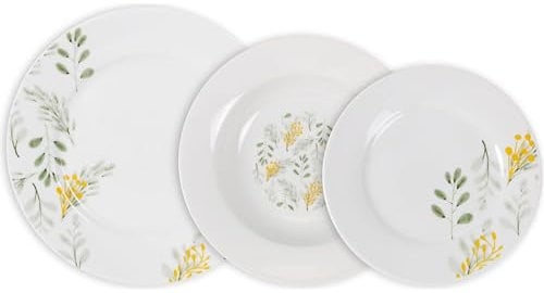 La Mediterránea Vajilla Completa 18 Piezas de Vidrio Templado, Incluye 6 Platos Llanos, 6 Platos Hondos y 6 Platos de Postre, Colección Reims