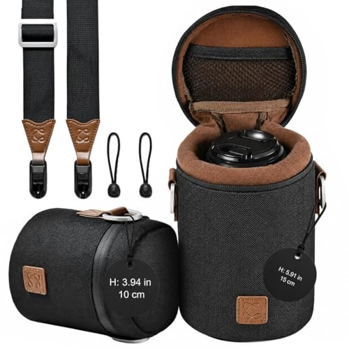 C Coiro Objektivtasche Nylon, Wasserabweisender Objektivbeutel, Gepolsterter Schutz für DSLR und Spiegellose Kameraobjektive, 2 Größen M L, Schwarz