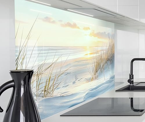 timalo Küchenrückwand Glasoptik | 80 x 60 cm Nordsee, Schilf, Sonnenuntergang, Meer, Reet | Acryl Glas 2mm | Spritzschutz Wand für Herd, Küche Glasrückwand Acrylglas Wandpaneele Rückwandschutz Platte