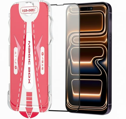 VEN-DENS Protector de pantalla para iPhone 17 Pro Max, borde negro, cobertura completa de borde a borde, película de vidrio templado con herramienta de fácil instalación, compatible con fundas