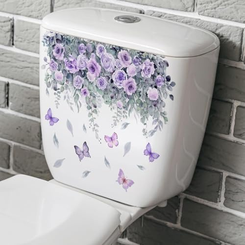 Botanical Bathroom Stickers with Purple Roses, Waterproof Removable Decals for Toilet Lid Decor, Floral Butterfly Home Upgrade, Rental Friendly Adhesive Art (3.5x3.5 Inch)