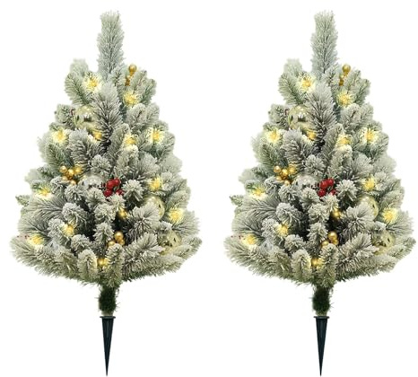 2 Stück Künstlicher Weihnachtsbaum Tannenbaum mit Erdspieß, 75cm Weihnachtsbaum mit Schnee & Beleuchtung & Roten Beeren & Weihnachtskugeln für Weihnachten-Dekoration Mehrweg