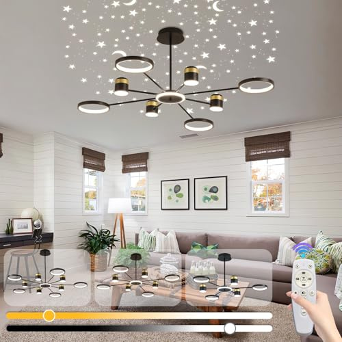Runde LED Kronleuchter Dimmbar Deckenlampe mit Fernbedienung Wohnzimmerlampe Schlafzimmer Deckenleuchte Sternenlicht Hängelampe Modern Restaurant Decke Licht Büro Deckenleuchte (Schwarz 100 cm)
