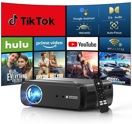 4K Beamer Tragbar Smart APP Zertifiziert Android OS Projektors mit Voice Assistant WiFi 6 Bluetooth5.4 DB Audio Autofokus/Trapezkorrektur 1400 ANSI HDR Heimkino Outdoor Kino Gaming TV-Ersatz