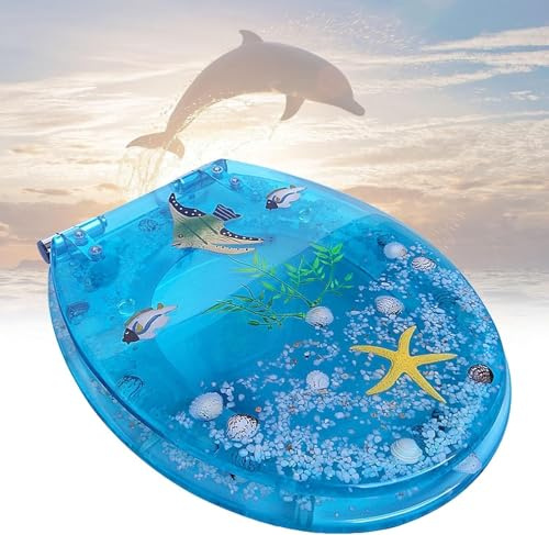 Premium Blue Ocean Resin WC-Sitz, Absenkautomatik mit antibakterieller Funktion, Slow Close Schnellverschluss, gelbes Seestern-Design, löst sich nie (Blau)