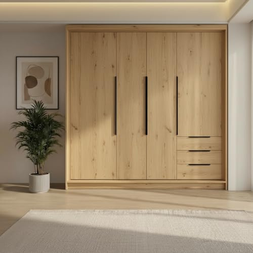 A&J MöbelLand KLARI Kleiderschrank 4-türig mit 3 Schubladen – 200 x 215 cm – Drehtürenschrank mit Kleiderstange und Einlegeböden