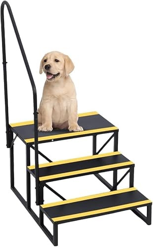 Garvee Escalier extérieurérieur antidérapant pour camping-car, 3 marches robustes avec rampe latérale, capacité 400 kg, adapté mobil-home, spa, piscine – Noir et jaune, 3 marches, main courante simple