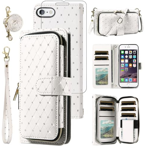 Phone Cover for iPhone 6plus 6splus 6/6s Plus Wallet Case Cell Zipper Screen Protector Crossbody Lanyard Strap Bling Glitter iPhone6 6+ iPhone6s 6s+ i 6P 6a S Six iPhone6splus Women Girls White