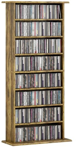 HOMCOM 360 CD/185 DVD Regal mit 6 verstellbaren Böden, Rustikales Braun | 185 Blu-ray Medien-Ablage, 8 Fächer, CD-Turm, für Wohnzimmer, Schlafzimmer, Büro