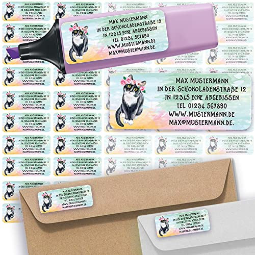 Adress-Etiketten - Adress-Aufkleber Sticker Namensaufkleber mit Ihrem Wunschtext 57x 23mm, für 1 bis 5 Zeilen Text - 45 Stück 45 Hintergründe zur Auswahl (38 Katze Cat)
