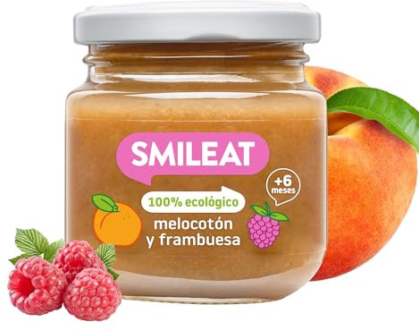 Smileat - Tarrito de Frutas Ecológicas con Melocotón y Frambuesa para peques +6 Meses - Sin Azúcar Añadido, Sin Sal, Sin Leche, Sin Huevos - 130g