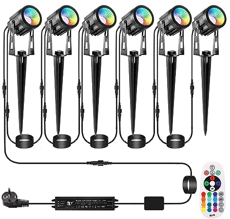 GREEMPIRE éclairage de jardin RVB lot de 6 spots de jardin LED RVB avec piquet de sol Lampe de jardin RVB, lampe d'extérieur avec prise, lampe de jardin étanche IP65,éclairage de chemin
