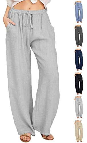 CheChury Damen Leinenhose Weite Sommerhosen Leicht mit Elastischem Bund Casual Loose Fit Trousers Freizeithose mit Taschen Frauen Hosen Hippie Boho Haremshosen