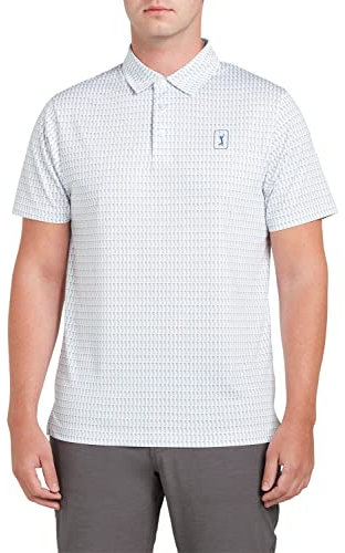 PGA Tour Golf - Men's Golf Polo Shirt, Micro Golf Bag Print, Natural Stretch, Regular Fit, Short Sleeve, White, Large
