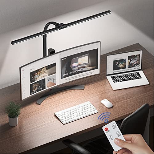 Jeebel Schreibtischlampe LED Dimmbar 24W 80cm Doppelkopf Schreibtisch Lampe Klemmbar - Schwanenhals Architektenlampe für Büro mit Fernbedienung - 5 Farbtemperatur/Helligkeitsstufe - 360° Rotation