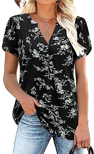 Siddhe Sommerblusen Damen, Damen Sommer Bluse mit Blütenblatt Ärmel Leicht Kurzarm Tunika Damen Longshirt Elegant V-Ausschnitt Hemdbluse Damen Baumwolle Blusenshirt, Große Größe