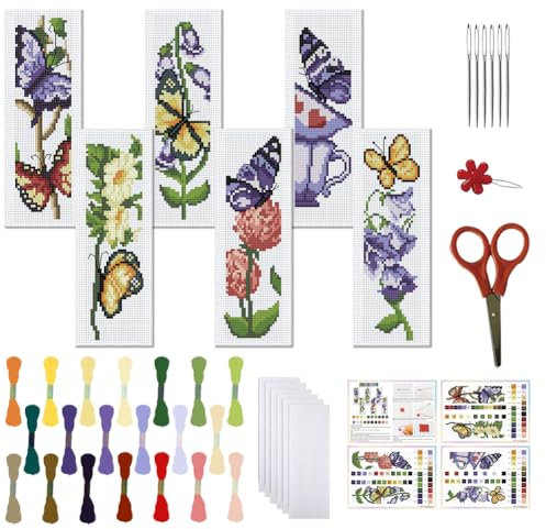 FREEBLOSS 6 Set Lesezeichen Kreuzstich Sets, Stick Lesezeichen Kreuzstich Sets Mit Anleitung, Schmetterlingsmuster Kreuzstich Set Für Anfänger, Lesezeichen Herstellungsset als Geschenk