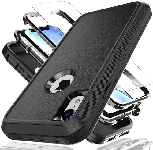 YmhxcY for iPhone XR Case 6.1-Inch with Explosion-Proof Screen Protector,3 in 1 Shockproof TPU Hard PC Bumper Drop-Proof Shell for iPhone XR-Black