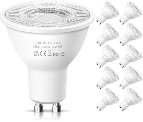 GU10 LED Spotlight Bulbs, Warm White 2700K 5W Energy Saving Light Bulbs, (Equivalent to 50W) Halogen Spotlight Bulbs, Non-dimmable 220-240V 350LM, 38° Beam LED Bulbs for Ceiling, Pack of 10