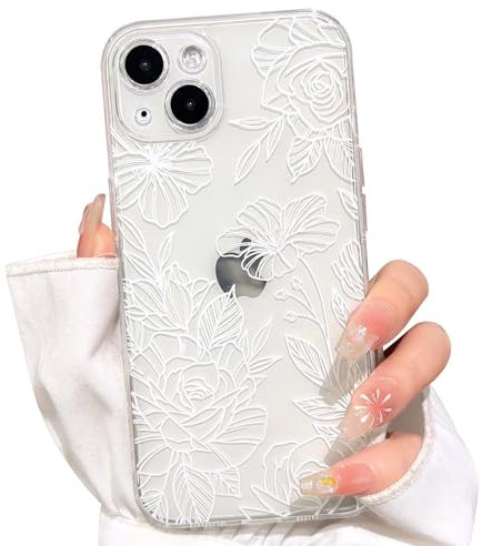NITITOP Compatible with iPhone 14 Plus Case Cute Clear White Flower Floral Line Design for Women Girls Transparent Full Camera Slim Soft TPU Shockproof Protective Phone Cover - White