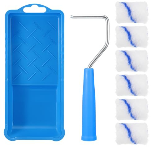 Coptiner 8 Pieces Mini Paint Roller Set,2 Inch Small Felt Roller Sleeves with Tray & Liner for Painting Walls& Ceilings & Gloss On Doors/Trim(Blue))