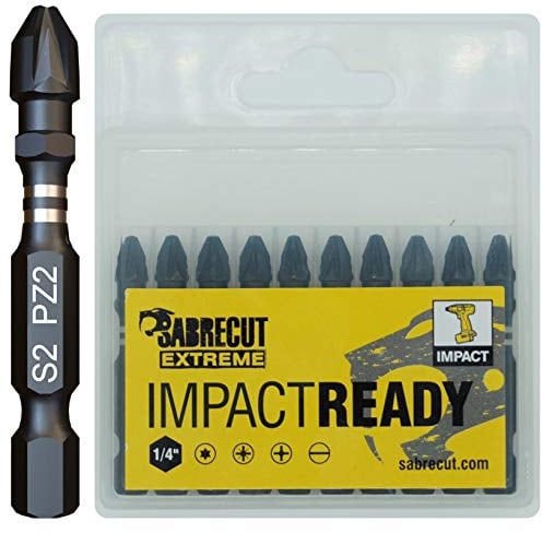10 punte per cacciavite a percussione SabreCut SCPZ250_10 da 50 mm PZ2 Set Single Ended Pozidriv POZI No.2 per impieghi gravosi con scatola di immagazzinaggio