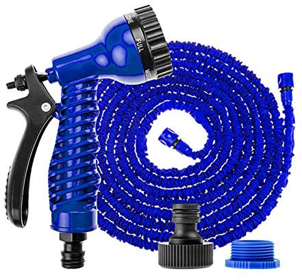 DICN Expandable Hose Pipe 150FT with 7 Function Spray Gun Magic Garden Hosepipe Flexible Blue for Watering Cleaning Washing Cars Pets
