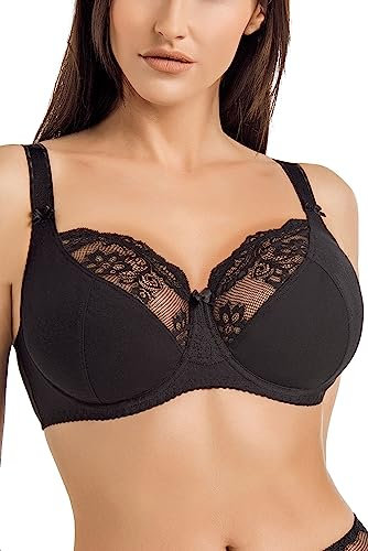 Teyli Sujetador en Algodón – con Aros – Ajustable, Suave y Decorado con Encaje para Mujer Negro 95E