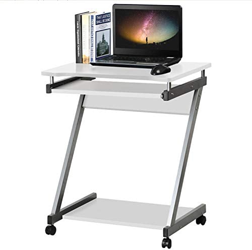 costoffs Mobile Computer Desk Z-Shaped with Sliding Keyboard Wood PC Table Laptop Desk Study Workstation for Home Office, White, 60.5 x 48 x 74 cm