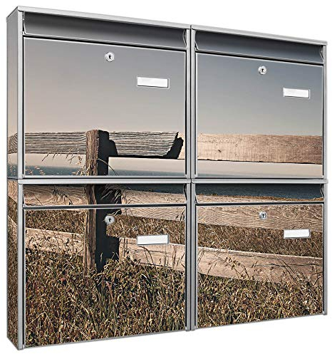 Briefkastenanlage 4 Fach | Postkästen 72x64x10cm groß | verzinkter Stahl schwarz DIN A4 Motiv Zaun am Meer | Briefkasten Set 4 Briefkästen Namensschild, 2 Schlüssel, Montagematerial