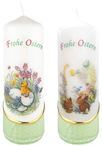 Meissner-Handel Auswahl * 2 Stück Osterkerze Stumpenkerze Osterdeko * 6 x 18 cm * mit farbigen Wachs- und Bildauflagen * Auswahl Motiv + Farbe * grün * (Serie 2 - Set 15/-2)