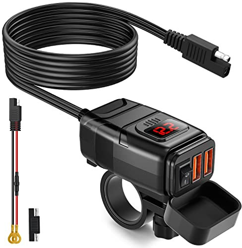 EXTRACTME Motorcycle Phone Charger, 6.8A Quick Charge 3.0 Dual USB with Voltmeter & ON/Off Switch, Waterproof Quick Disconnect SAE to USB Adapter for Phone, Tablet, GPS
