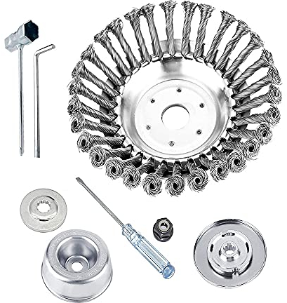 Frunimall Grass Trimmer Cutter Head, 8 pcs Rotary Weed Brush Joint Twist Knot Set with Cone Knotted Wire Wheel Steel Brush for Lawn Rotating Replacement Brushcutter Attachment Garden Care (8 inch-Set)