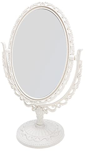 Lurrose Vintage Tabletop Make-Up Spiegel - Doppelseitig Tischspiegel Kosmetischer Geprägter Gerahmter Spiegel für Schreibtisch (Beige)