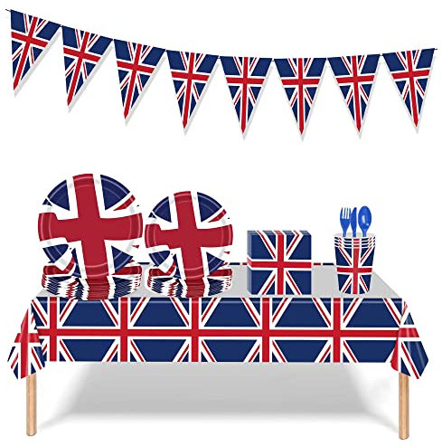 114 Pcs Queens Platinum Jubilee 2022 Decorations Party Supplies Union Jack Tableware Set - Union Jack Tablecloth/Napkins/Cups/Paper Plates/Dinnerware Set/Bunting Flags (B)