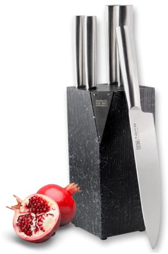 Kitchen Knife Set with Block -. Upright Granite Effect Kitchen Knife Holder for Professional Storage - High Carbon Steel, Sharp Precision Ground Chef’s, Carving, Bread, All-Purpose & Paring Knives