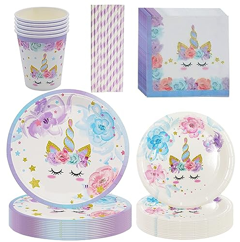 84 Pcs Vaisselle De Fête Unicorn,Licorne Trousse D'Anniversaire Pour Enfants Pour 16 Invités,Anniversaire Unicorn Decoration Vaisselle Licorne Assiette,Tasse,Serviettes Accessoires De Baby Shower