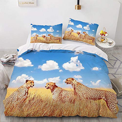 YASMENG 3D Bettwäsche 200x200 Leopard Tiermotiv Gold Blau 3D Bettbezug Set Weich Komfort Mikrofaser Bettwäsche 3 Teilig für Geschenke Zimmer Deko mit Reißverschluss und 2 Kissenbezüge 80x80 cm