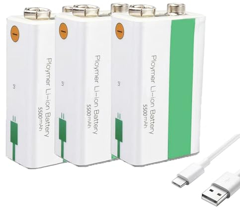 WILLQ 5500 mAh 9 V wiederaufladbarer Akku, langlebiger 9-Volt-USB-Lithium-Ionen-Akku mit Ladekabel für Rauchmelder/Tastatur/Alarme/Mikrofon,9v5500mah 3pcs