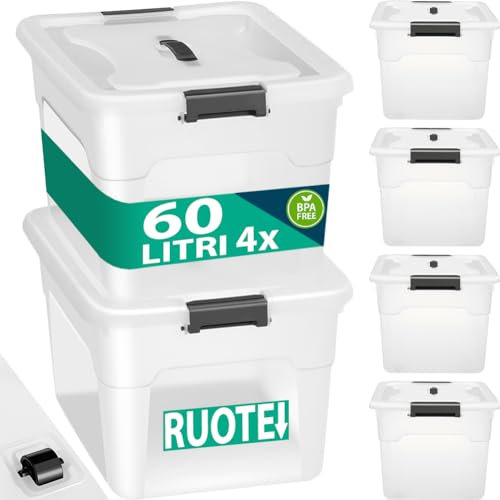 BAKAJI Set 4 Contenitori con Coperchio per Vesiti in Plastica con Ruote, Portaoggetti Impilabile per Stoccaggio Vestiti, Scatole per armadio, Giocattoli, Libri, Salvaspazio (4 x 60 Lt Alto)