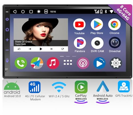 RevcarX 4G LTE Android Autoradio 2 Din Récepteurs multimédia, 4G+64G, 7 Pouces Écran Tactile QLED Radio Dab+, CarPlay sans Fil Android Auto sans Fil, Suivi GPS avec Microphone