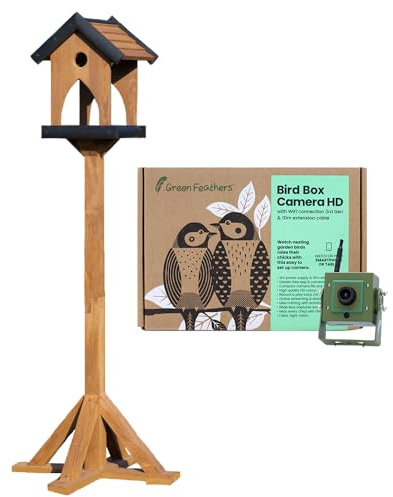 Green Feathers Wifi Camera & Handcrafted Wooden Pine Charcoal Bird Table with Sheltered Roof - Feeding Station For Small Medium Birds In Your Garden (Wifi Camera & Hugo Bird Table)