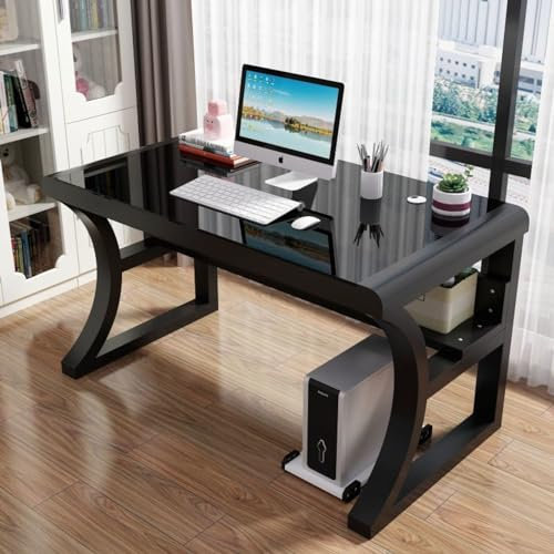 Scrivania moderna per computer da gaming con piano in vetro temperato e ripiani portaoggetti, per casa e ufficio, grande postazione di lavoro (100 x 60 x 75 cm, nero)