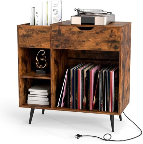 KOMFOTTEU Soporte para Tocadiscos con Estación de Carga, Mesa Auxiliar con 4 Compartimentos Abiertos y Cajón, Mueble para Tocadiscos con Carga 80 kg, Estantería de Discos de Vinilo, 80 x 40 x 79 cm