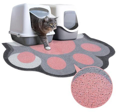 Cat Litter Mat Litter Trapping Mat, 40 x 60 cm Cat Litter Tray Mat, Non-slip Cat Mat for Litter Tray and Pet Food Bowl, Cute Litter Box Mat for Kitty Dog Small Animals, Easy to Clean Large (Grey+Pink)