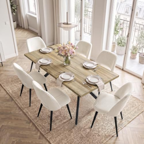 ANVOFONG Essgruppen in helles Holz,Esstisch mit 6 Beige-Stuhl | Esstisch in 140 x 80 x 76 cm mit 4 Ergonomischer Design aus Cord Esszimmerstühle, für Esszimmer, Küche, Wohnzimmer