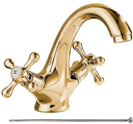 De Cocina | Grifo De Latón Antiguo Para Cocina Con Doble Mandos - Mezclador De Dos Mandos Con Manguera De 60cm Para Lavabo, Tocador Y Lavandería