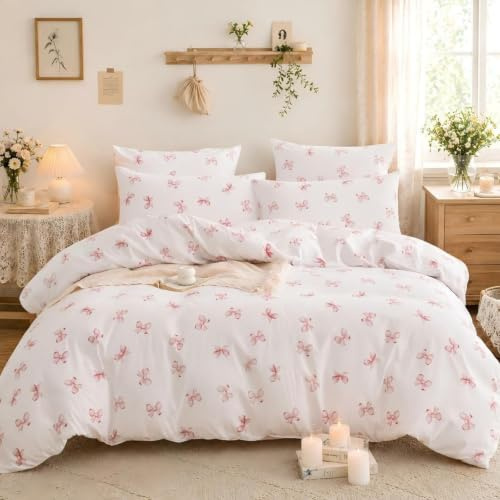 Tospass Housse de Couette 220x240 Adulte Noeud Papillon Rose Parure de Lit | Linge de Lit 2 Personnes Filles, Fermeture Éclair, Housse Couette en Microfibre, 2 Taie d'oreiller 65x65cm, Certifié Oeko-Tex