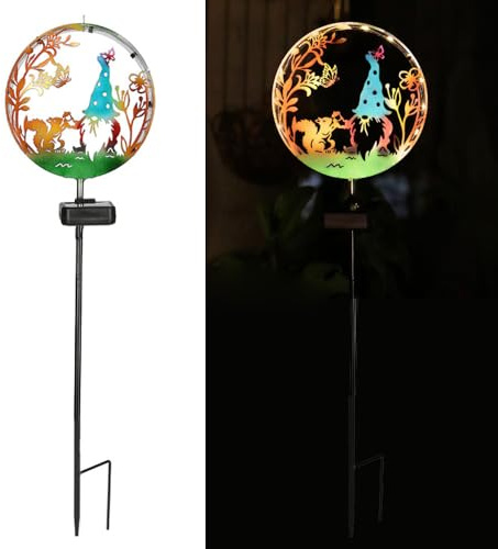 YZYOE Solarbetrieben Eichhörnchen Elf Licht, Garten Dekoration Schmiede Eisen Kunst schöne Eichhörnchen und Elf Bodenlampe, Drahtlose Dämmerung bis Dämmerung LED Landschaftslicht wasserdicht.
